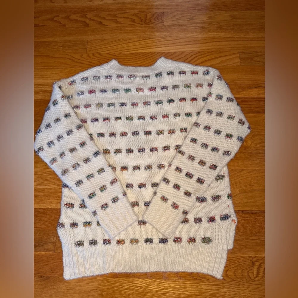 Moth Anthropologie Cream Knit Sweater Rainbow Confetti Fuzzy Cozy Pullover XS - Picture 1 of 11
